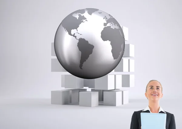 Composite image of businesswoman holding new tablet — Stock Photo, Image