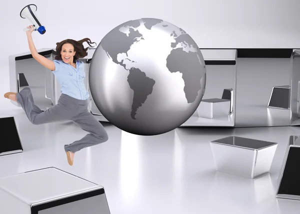 Businesswoman jumping while holding megaphone — Stock Photo, Image