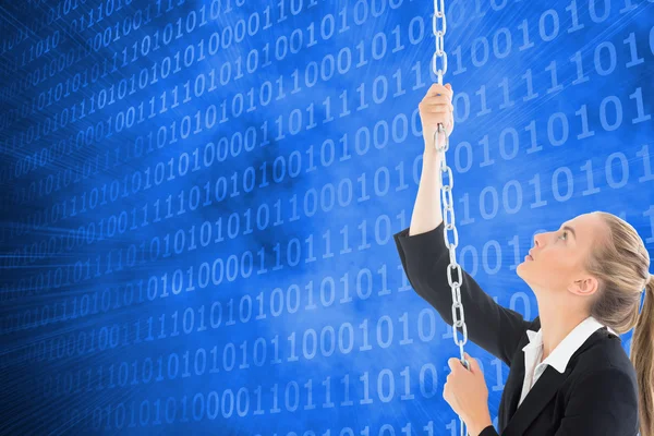 Composite image of businesswoman pulling a chain — Stock Photo, Image