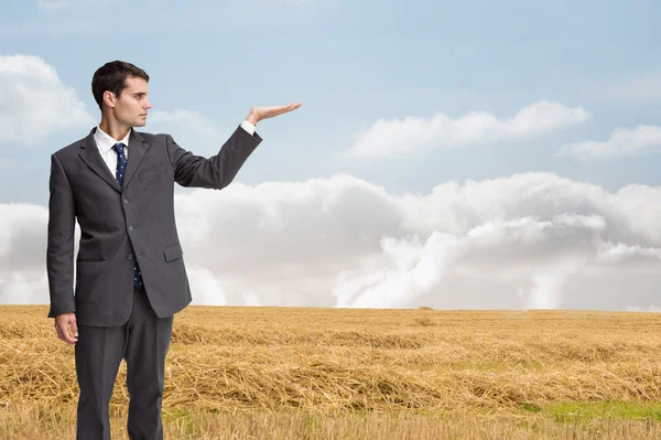 Imagen compuesta del hombre de negocios severo que presenta —  Fotos de Stock