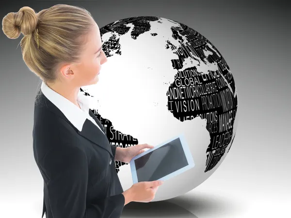 Composite image of businesswoman holding new tablet — Stock Photo, Image