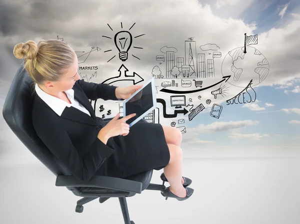 Composite image of businesswoman sitting on swivel chair with tablet — Stock Photo, Image