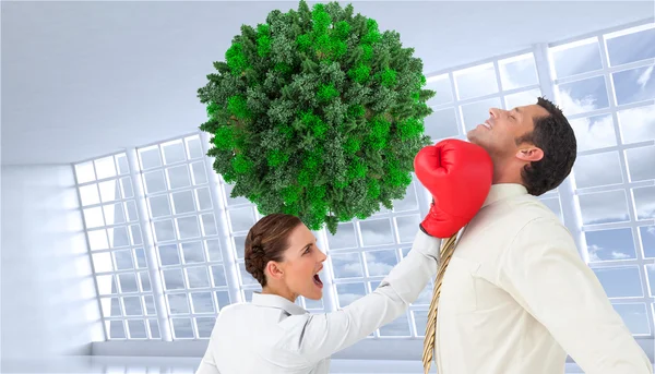 Businesswoman hitting a businessman with boxing gloves — Stock Photo, Image