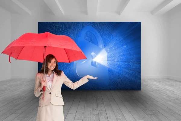 Σύνθετη εικόνα της ευτυχής επιχειρηματίας κρατώντας ομπρέλα — Φωτογραφία Αρχείου