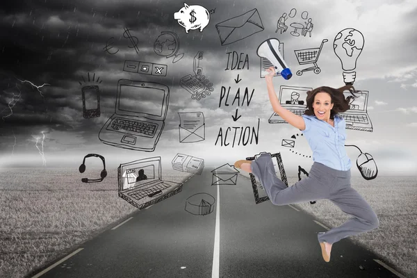 Composite image of cheerful classy businesswoman jumping — Stock Photo, Image