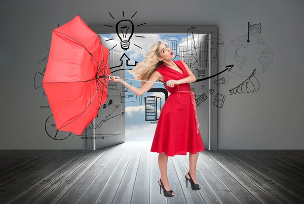 Sammensatt bilde av elegant blond som holder paraply – stockfoto