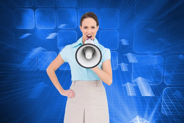 Composite image of furious classy businesswoman talking in megaphone — Stock Photo, Image