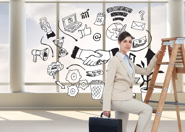 Businesswoman climbing career ladder with briefcase — Stock Photo, Image