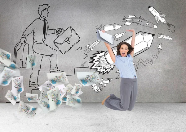 Businesswoman jumping while holding clipboard — Stock Photo, Image