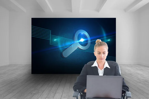 Composite image of businesswoman sitting on swivel chair with laptop — Stock Photo, Image