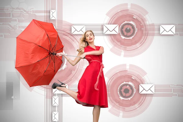 Imagem composta de guarda-chuva elegante loira segurando — Fotografia de Stock