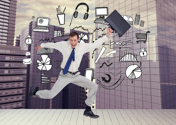 Cheerful jumping businessman with his suitcase — Stock Photo, Image