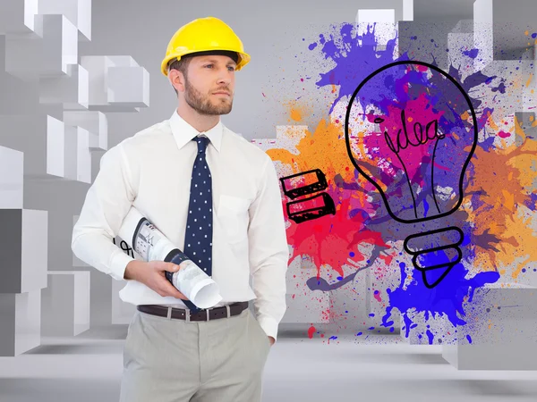 Composite image of young architect posing with hard hat and plan — Stock Photo, Image