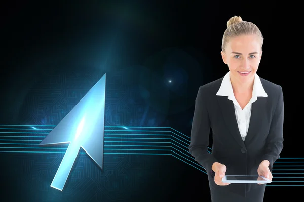 Composite image of businesswoman holding new tablet — Stock Photo, Image