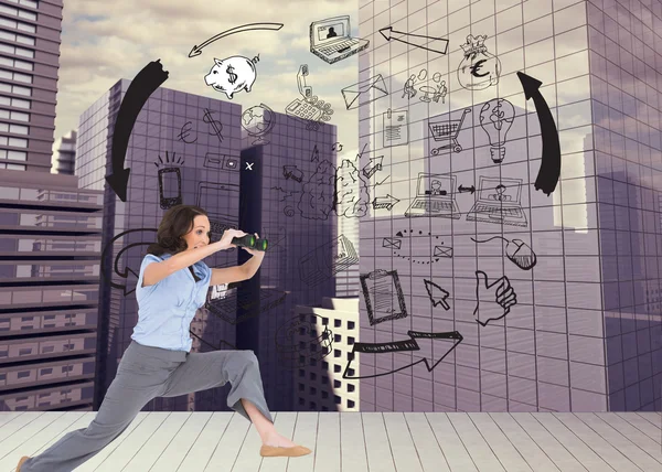 Classy businesswoman jumping while holding binoculars — Stock Photo, Image