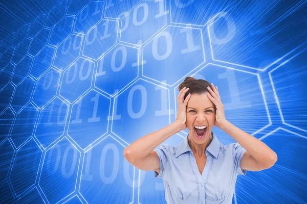 Composite image of stressed businessswoman with hand on her head — Stock Photo, Image