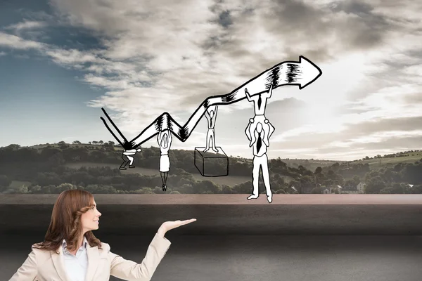 Composite image of smiling businesswoman raising her hand — Stock Photo, Image