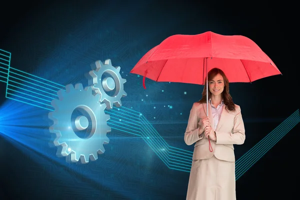 Empresária segurando guarda-chuva vermelho — Fotografia de Stock