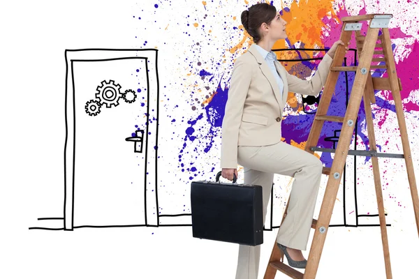 Composite image of businesswoman climbing career ladder with briefcase — Stock Photo, Image