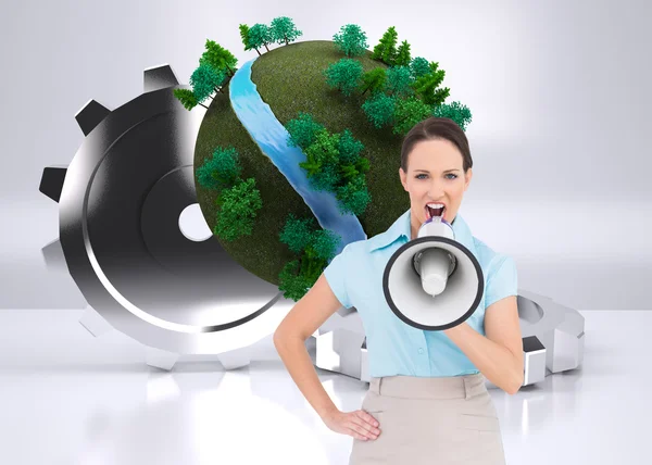 Composite image of furious classy businesswoman talking in megaphone — Stock Photo, Image