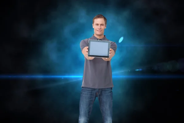 Man showing screen of his tablet computer — Stock Photo, Image