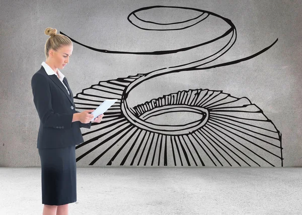 Composite image of businesswoman holding new tablet — Stock Photo, Image