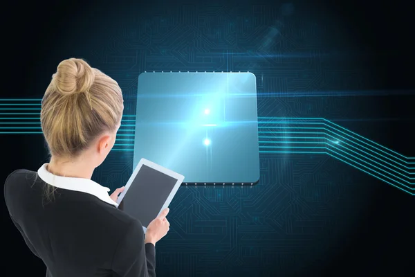 Composite image of businesswoman holding new tablet — Stock Photo, Image