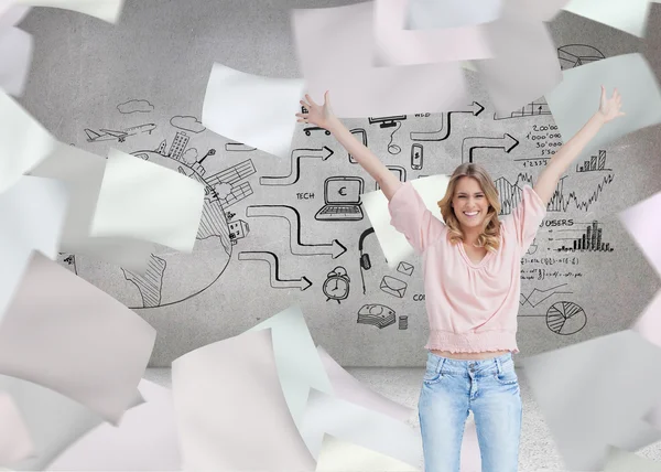 Smiling woman with her arms raised up — Stock Photo, Image