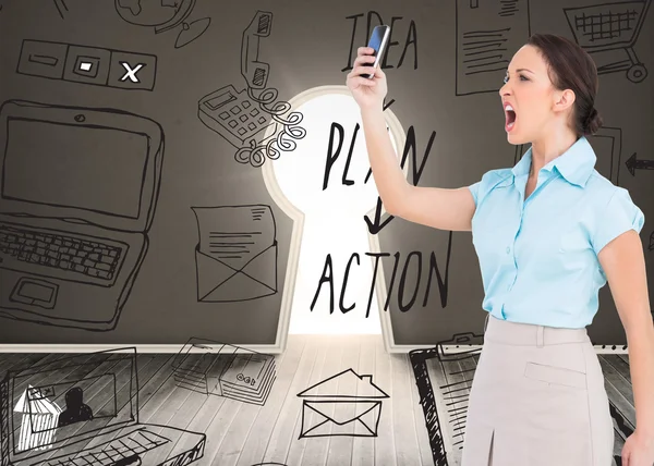 Composite image of angry classy businesswoman yelling at her smartphone — Stock Photo, Image