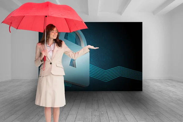 Imagem composta de mulher de negócios atraente segurando guarda-chuva vermelho — Fotografia de Stock