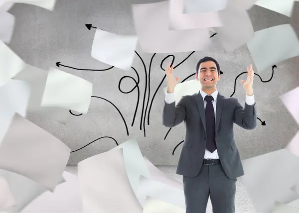 Composite image of stressed businessman with arms raised — Stock Photo, Image