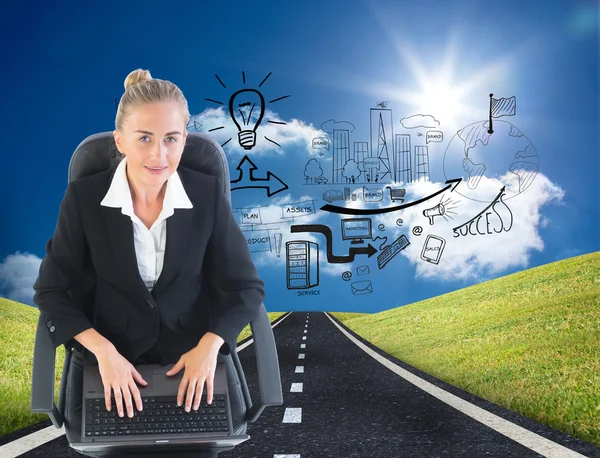 Composite image of businesswoman sitting on swivel chair with laptop — Stock Photo, Image