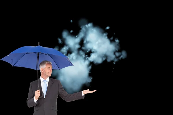 Imagem composta de homem de negócios feliz segurando guarda-chuva — Fotografia de Stock