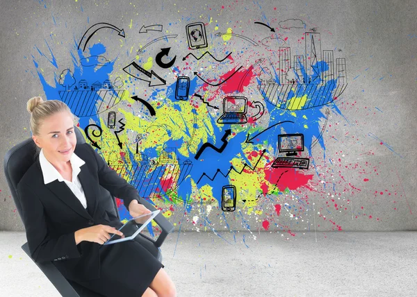 Composite image of businesswoman sitting on swivel chair with tablet — Stock Photo, Image