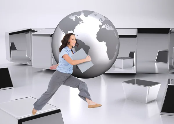 Businesswoman jumping while holding clipboard — Stock Photo, Image