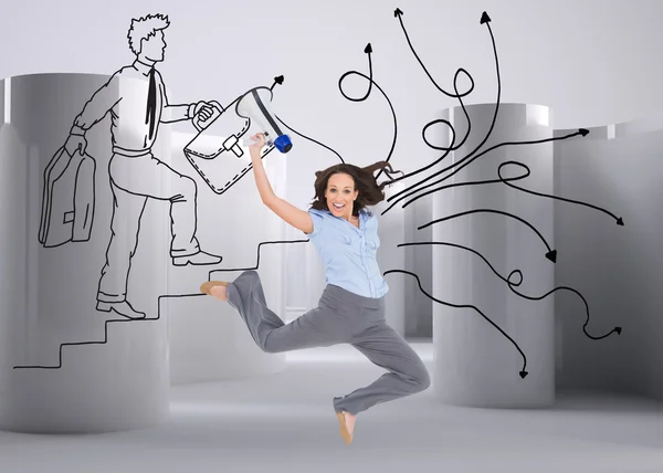 Mujer de negocios saltando mientras sostiene el megáfono — Foto de Stock