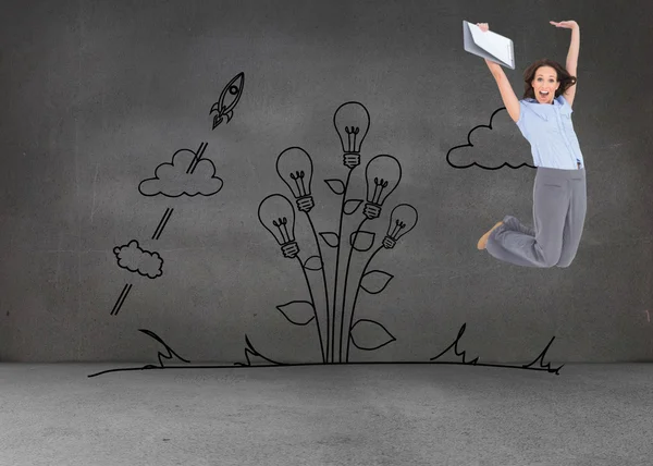 Zusammengesetztes Bild einer glücklichen Geschäftsfrau, die springt, während sie Klemmbrett hält — Stockfoto