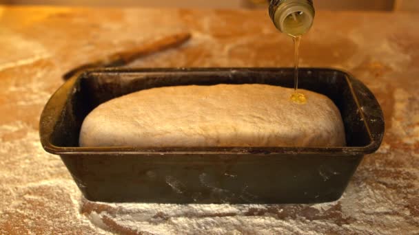 Huile d'olive versée sur la pâte dans une boîte à pain sur une table farinée — Video