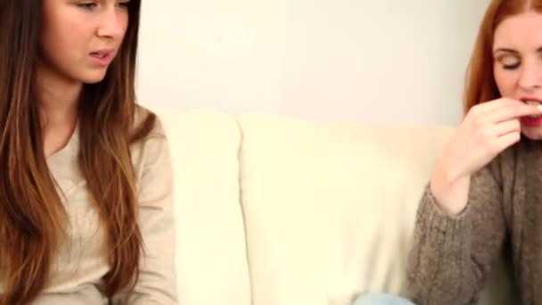 Niedliche Frauen plaudern auf der Couch — Stockvideo