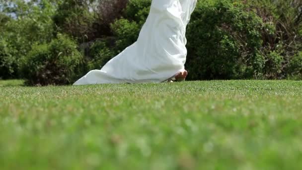 Novia en vestido de novia caminando sobre hierba — Vídeo de stock