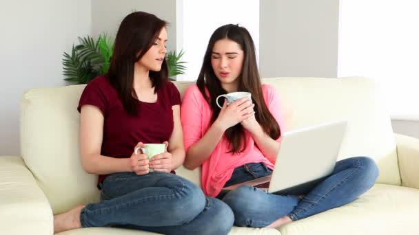 Morena usando laptop e conversando com sua amiga — Vídeo de Stock