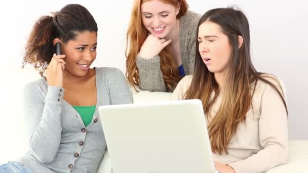 Mooie vrienden met behulp van laptop zittend op de Bank — Stockvideo