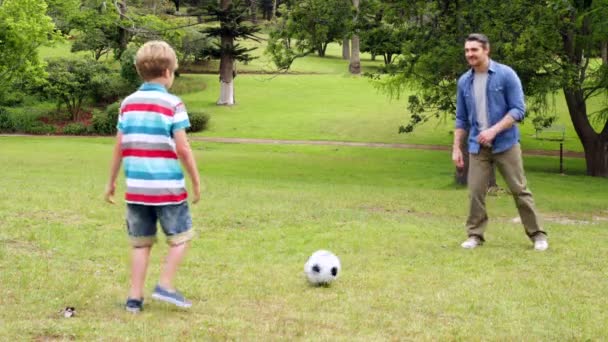 Padre e hijo pateando un balón de fútbol de ida y vuelta — Vídeo de stock