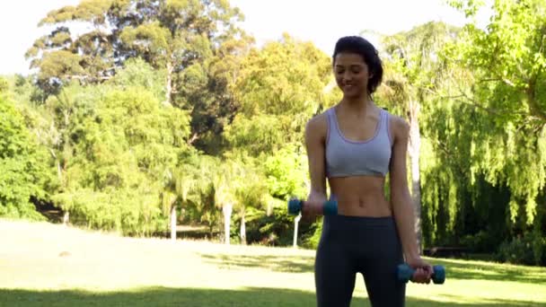 Gorgeous fit brunette lifting hand weights in the park — Stock Video