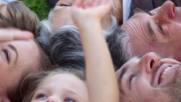 Familia multigeneracional sonriendo y tumbada en el suelo en un parque saludando — Vídeos de Stock