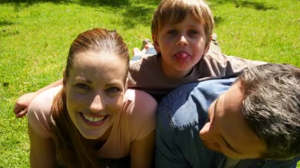 Kisfiú és a szülei a parkban — Stock videók