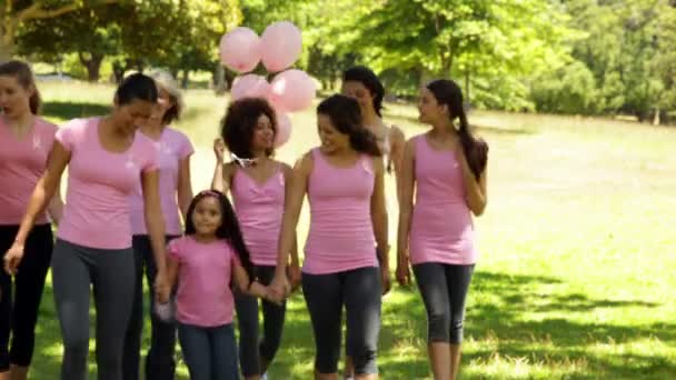 Mulheres fazendo uma caminhada para conscientização do câncer de mama — Vídeo de Stock