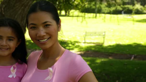 Mother and daughter wearing pink for breast cancer awareness in the park — Stock Video