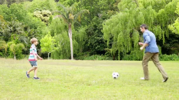 Baba ve oğul futbol topu tekmeleme — Stok video