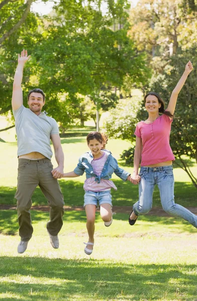 Dreiköpfige Familie hält sich an Händen und springt in Park — Stockfoto